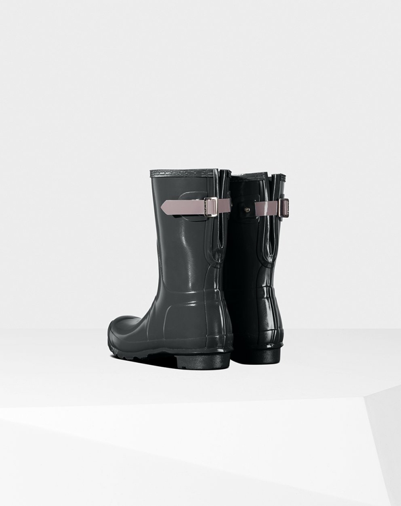 Black Purple Women's Hunter Original Back Adjustable Gloss Short Rain Boots | JCKU-49572