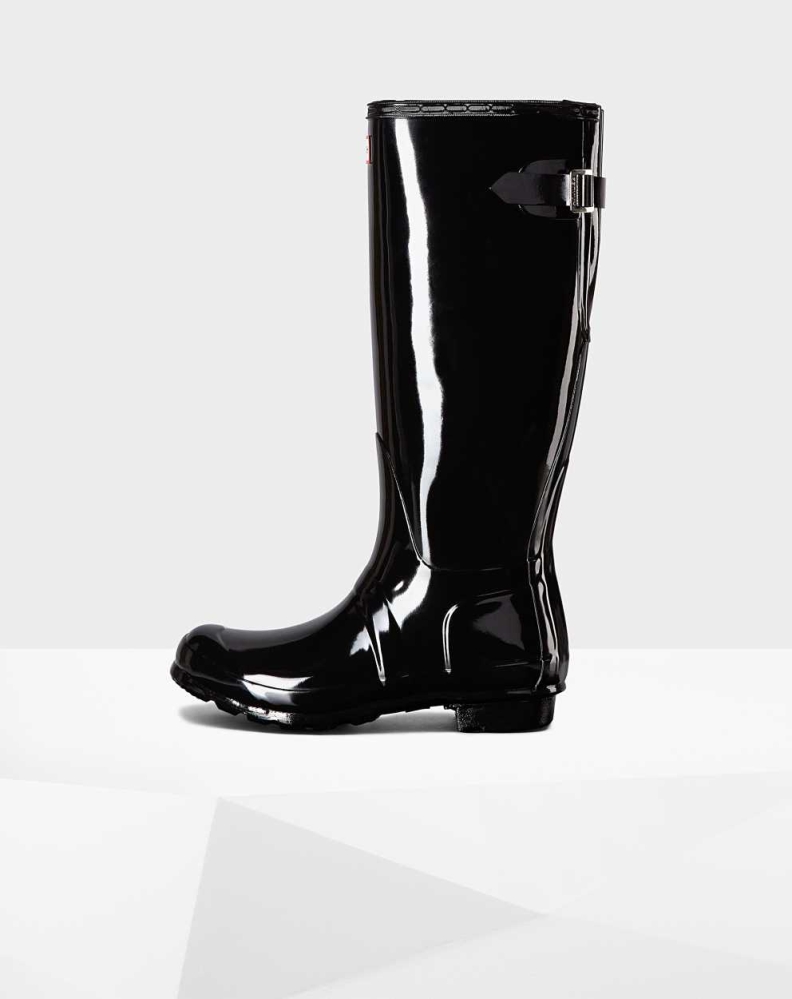 Black Women's Hunter Original Back Gloss Wellington Tall Rain Boots | QMZV-73491