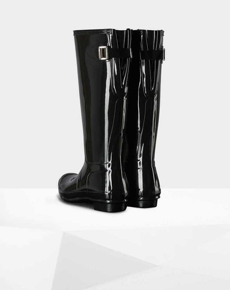 Black Women's Hunter Original Back Gloss Wellington Tall Rain Boots | QMZV-73491