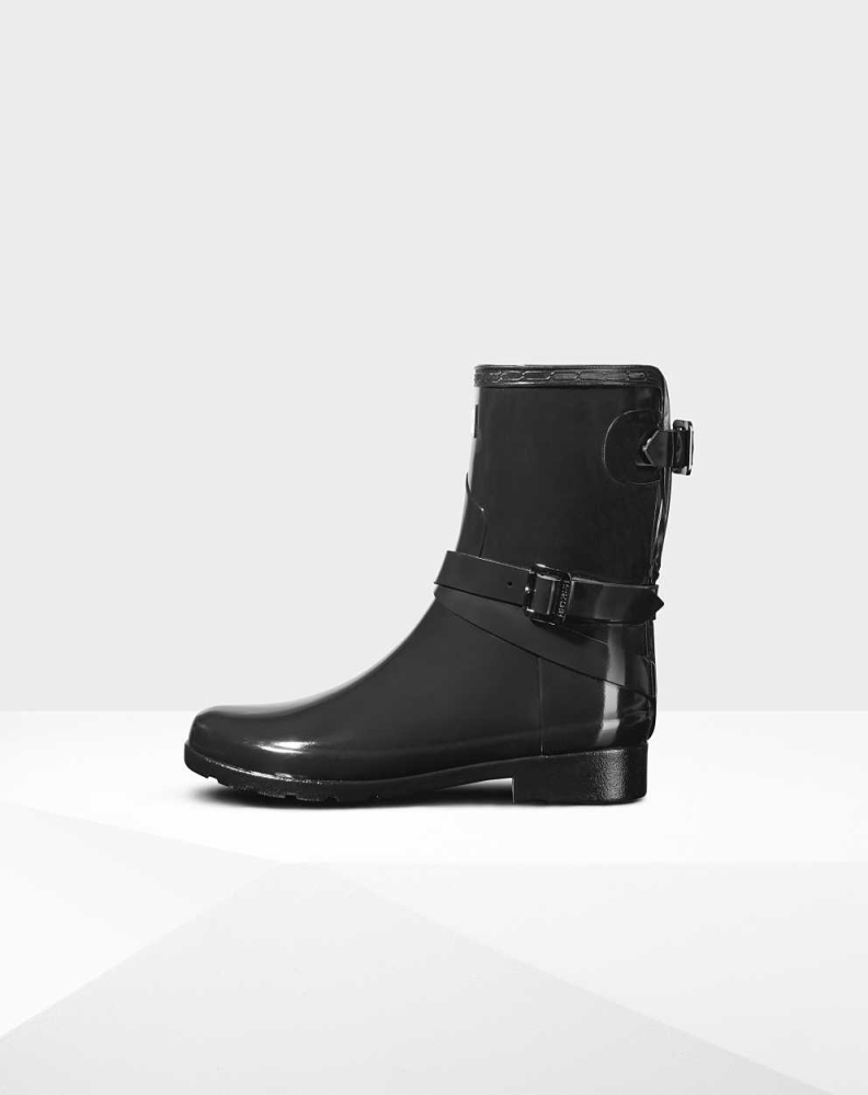 Black Women's Hunter Refined Gloss Wellington Short Rain Boots | UQKG-01672