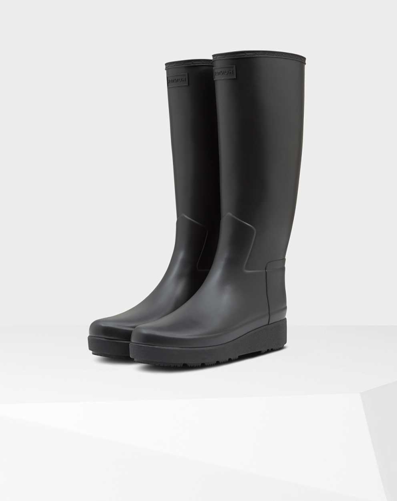 Black Women\'s Hunter Refined Slim Fit Creeper Wellington Tall Rain Boots | UAEP-61204