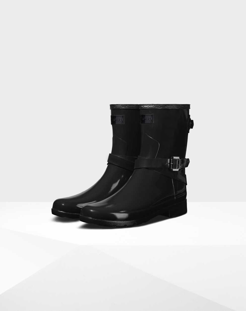 Black Women\'s Hunter Refined Slim Fit Gloss Wellington Short Rain Boots | NUGE-57801