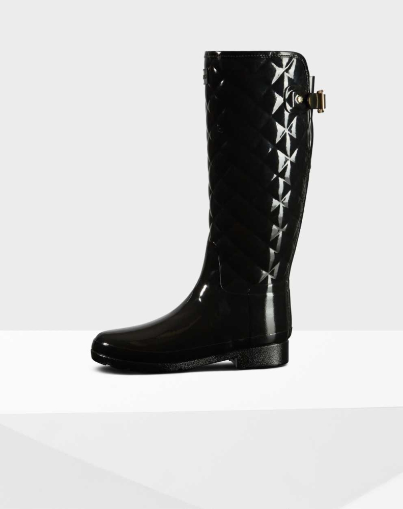 Black Women's Hunter Refined Slim Fit Quilted Wellington Tall Rain Boots | CYIJ-21375