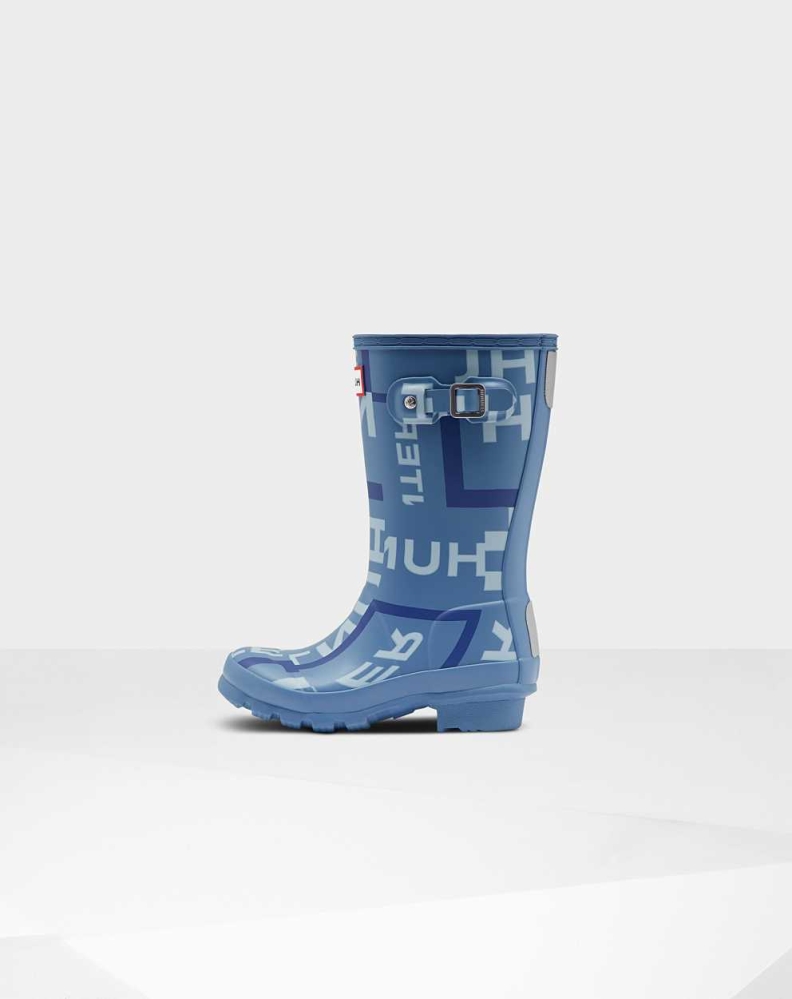 Blue Kids' Hunter Original Big Exploded Logo Wellington Short Rain Boots | YBIP-93018