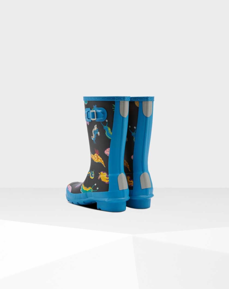 Blue Kids' Hunter Original Big Sea Monster Print Wellington Short Rain Boots | ISXY-68304