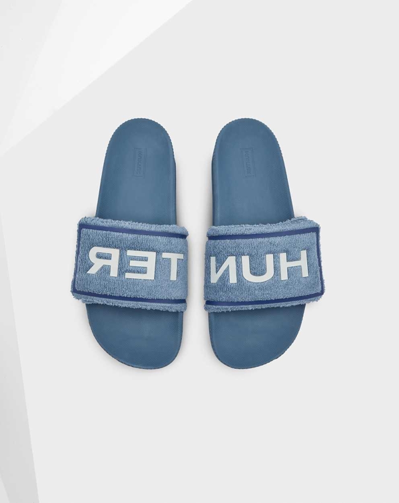 Blue Men's Hunter Original Terry Towelling Logo Adjustable Slides | VZIY-46103