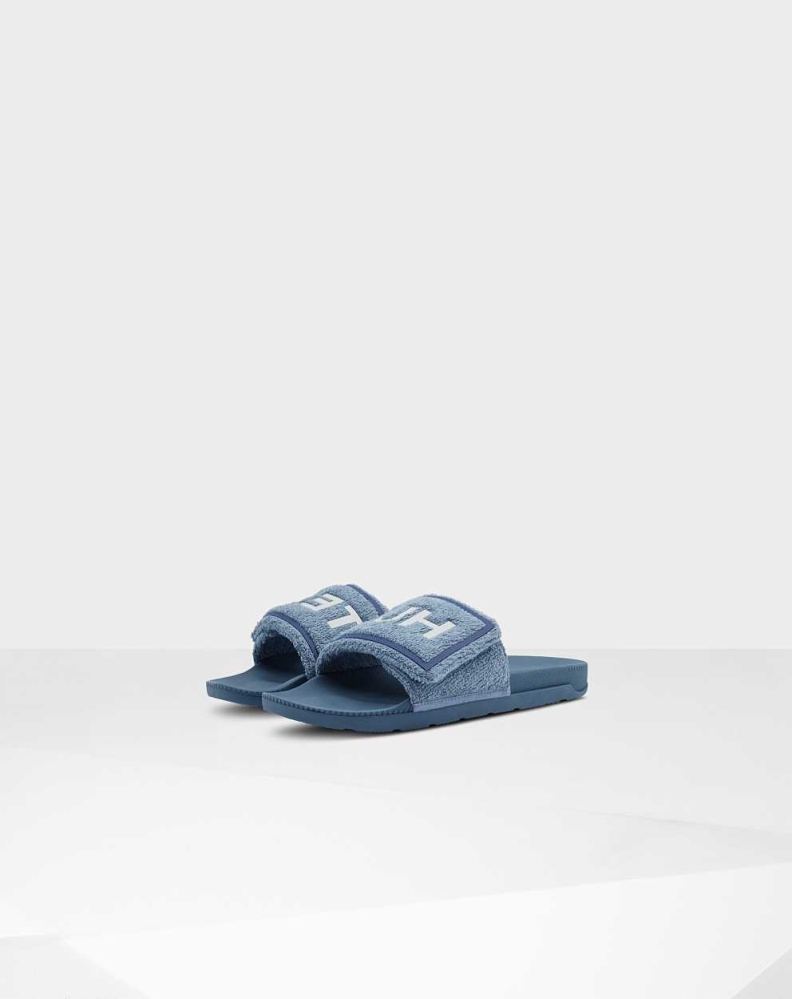 Blue Men's Hunter Original Terry Towelling Logo Adjustable Slides | VZIY-46103