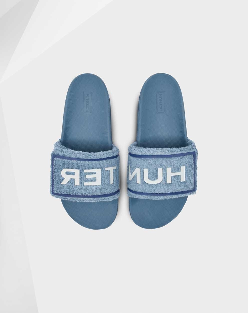 Blue Women's Hunter Original Terry Towelling Logo Adjustable Slides | WAZH-06425