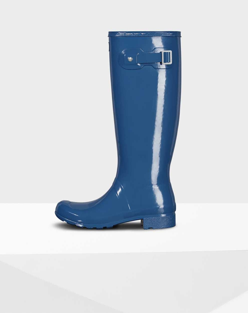 Blue Women's Hunter Original Tour Foldable Gloss Wellington Tall Rain Boots | ELRV-05261