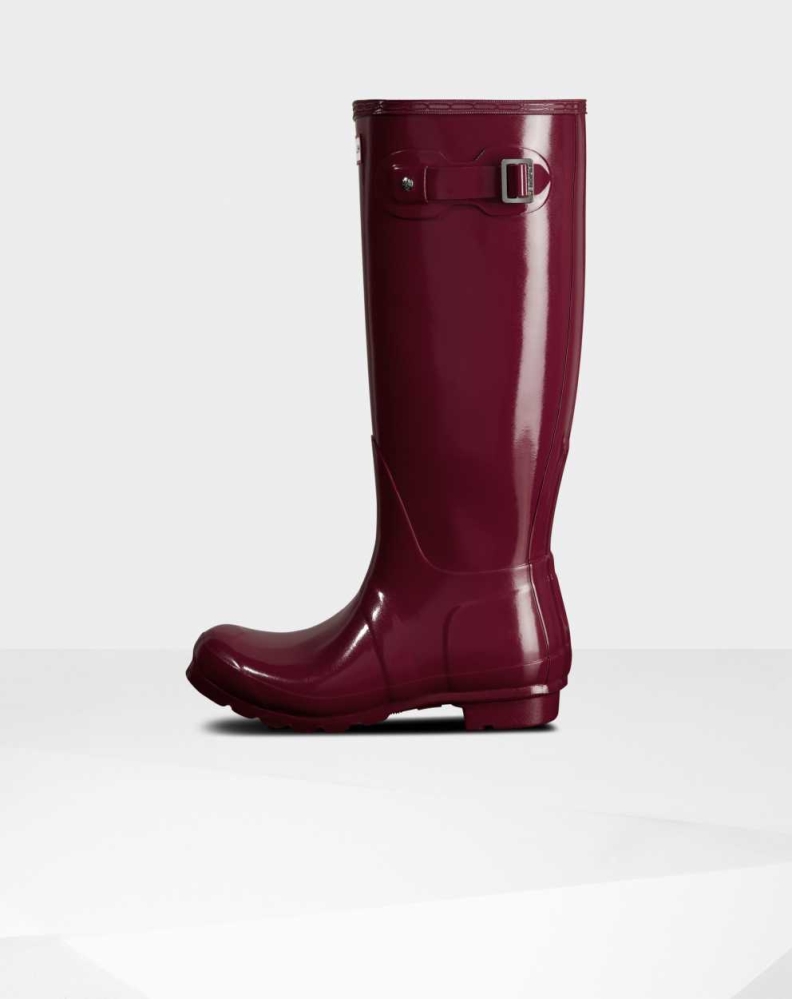 Burgundy Women's Hunter Original Gloss Wellington Tall Rain Boots | CSIG-45267