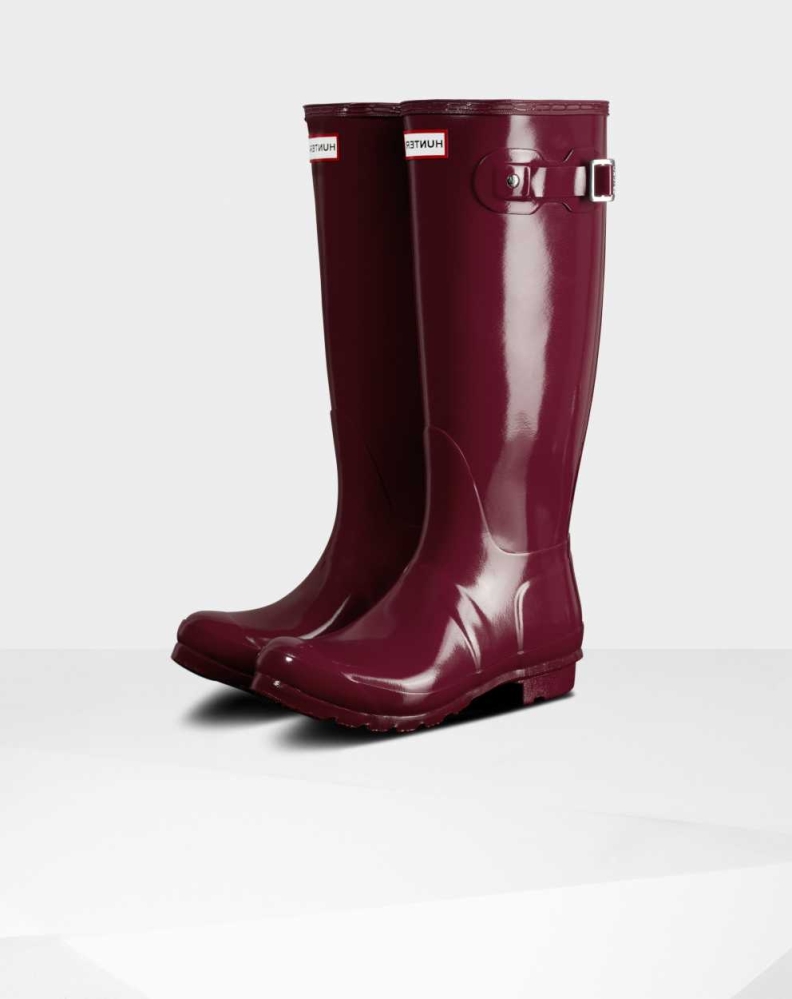 Burgundy Women\'s Hunter Original Gloss Wellington Tall Rain Boots | CSIG-45267