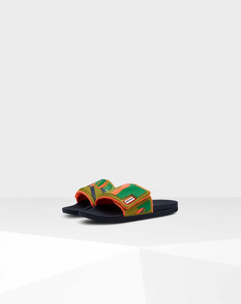 Green Men's Hunter Original Rockpool Camo Print Adjustable Slides | RNLD-41587