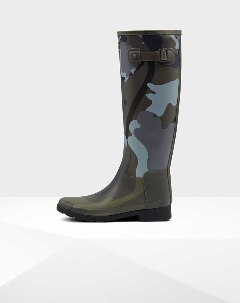 Grey Women's Hunter Refined Slim Fit Rockpool Camo Gum Wellington Tall Rain Boots | SHLY-83260