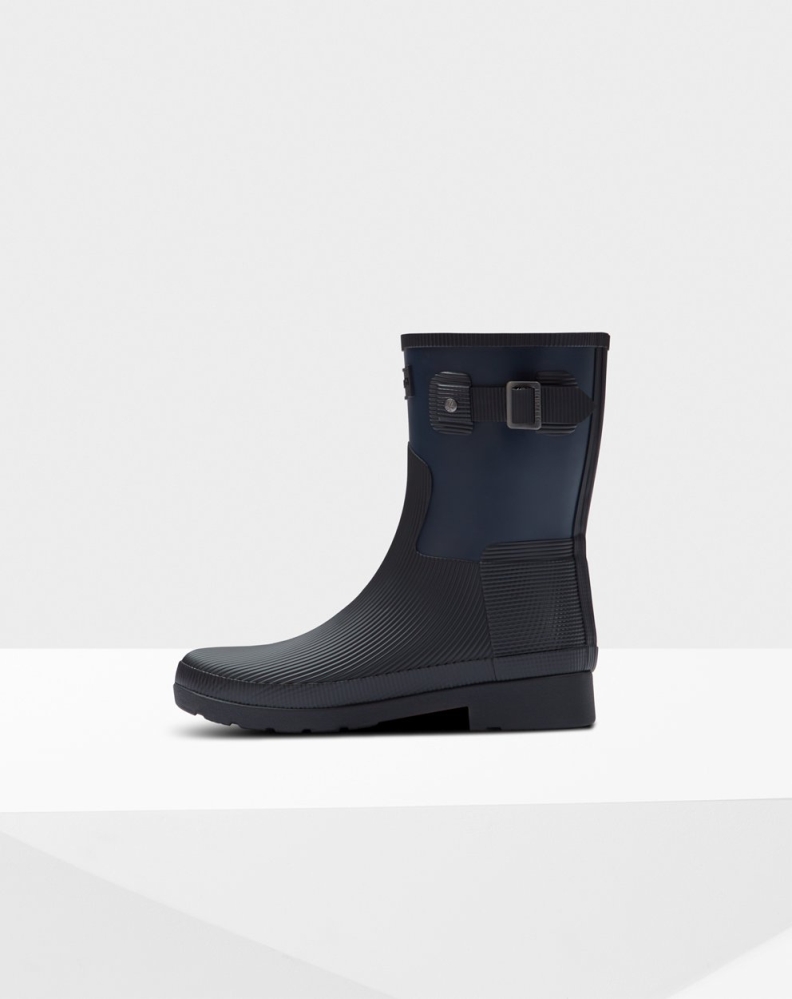 Navy Black Women's Hunter Refined Texture Block Slim Fit Short Rain Boots | BGJH-34265