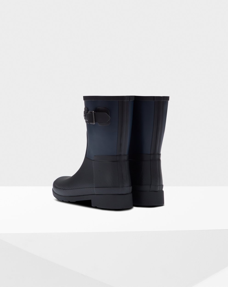 Navy Black Women's Hunter Refined Texture Block Slim Fit Short Rain Boots | BGJH-34265