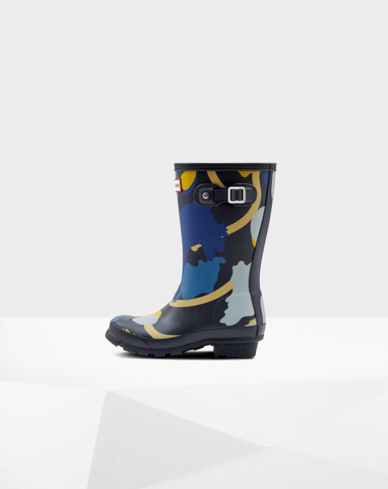 Navy Kids' Hunter Original Big Rockpool Camo Wellington Short Rain Boots | JZAU-97063