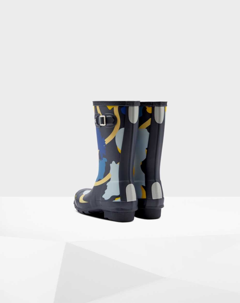 Navy Kids' Hunter Original Big Rockpool Camo Wellington Short Rain Boots | JZAU-97063