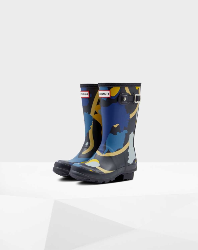 Navy Kids\' Hunter Original Big Rockpool Camo Wellington Short Rain Boots | JZAU-97063