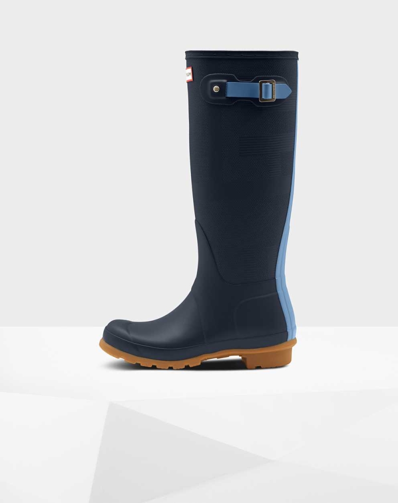 Navy Women's Hunter Original Exploded Logo Texture Wellington Tall Rain Boots | RWNK-13985