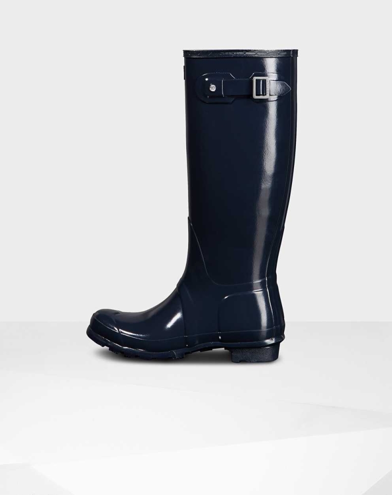 Navy Women's Hunter Original Gloss Wellington Tall Rain Boots | DTQX-52839