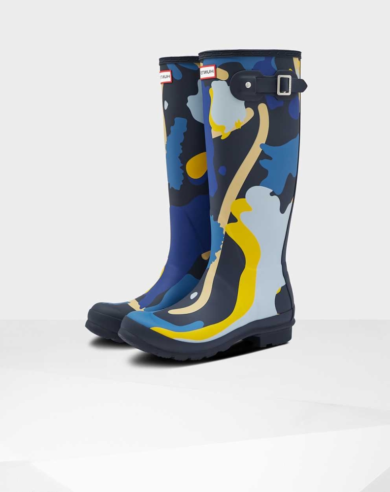 Navy Women\'s Hunter Original Rockpool Camo Wellington Tall Rain Boots | MZHP-96124