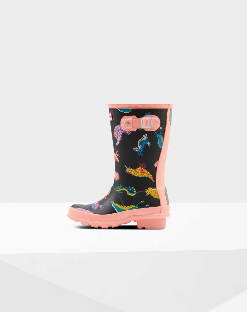 Pink Black Kids' Hunter Original Big Sea Monster Print Wellington Short Rain Boots | LUKC-67531