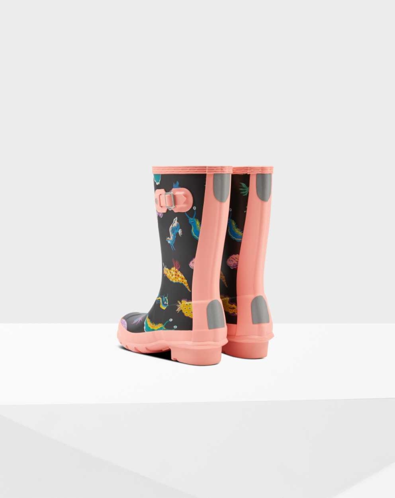 Pink Black Kids' Hunter Original Big Sea Monster Print Wellington Short Rain Boots | LUKC-67531