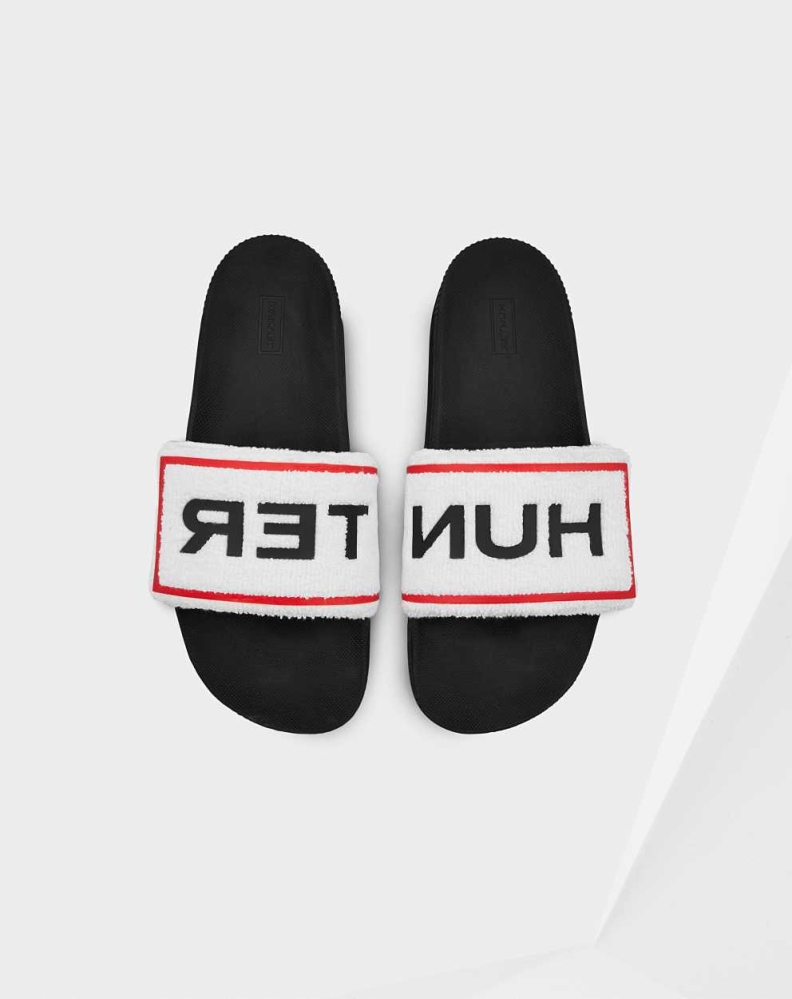 White Men's Hunter Original Terry Towelling Logo Adjustable Slides | DXFT-20978