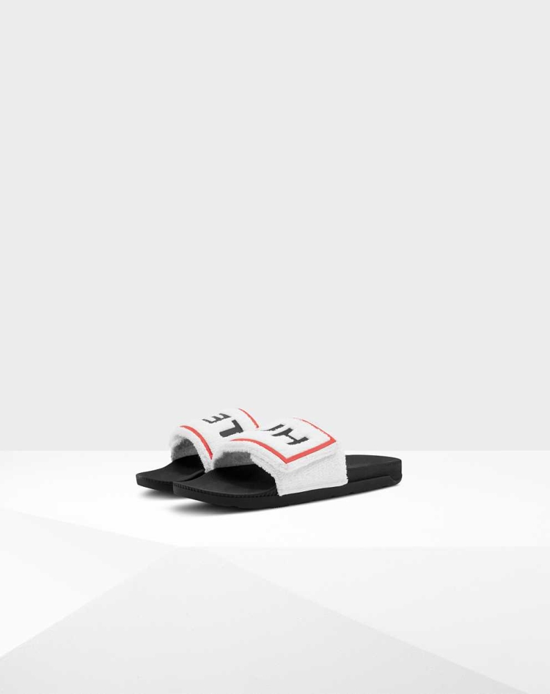 White Men's Hunter Original Terry Towelling Logo Adjustable Slides | DXFT-20978