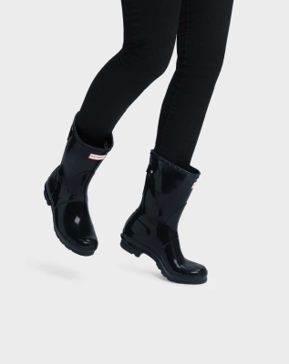 Black Women's Hunter Original Back Gloss Wellington Short Rain Boots | ISRA-59047