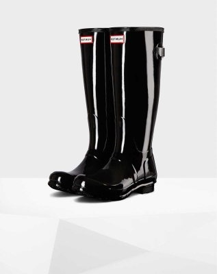 Black Women's Hunter Original Back Gloss Wellington Tall Rain Boots | QMZV-73491