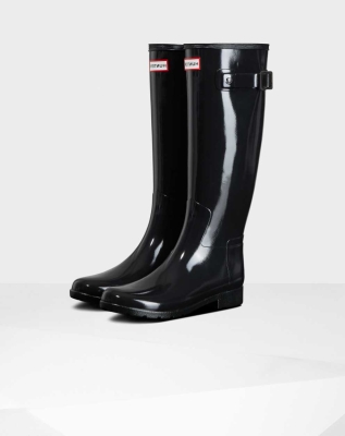 Black Women's Hunter Refined Slim Fit Gloss Wellington Tall Rain Boots | UKZB-60352