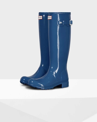 Blue Women's Hunter Original Tour Foldable Gloss Wellington Tall Rain Boots | ELRV-05261