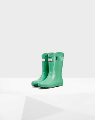 Green Kids' Hunter Original First Classic Grab Handle Gloss Wellington Short Rain Boots | KXBG-39068