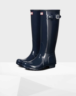 Navy Women's Hunter Original Gloss Wellington Tall Rain Boots | DTQX-52839