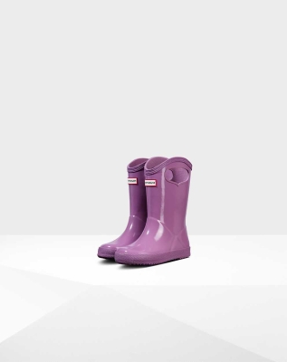 Pink Kids' Hunter Original First Classic Grab Handle Gloss Wellington Short Rain Boots | TEZG-64920