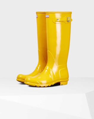 Yellow Women's Hunter Original Gloss Wellington Tall Rain Boots | ZADK-30918